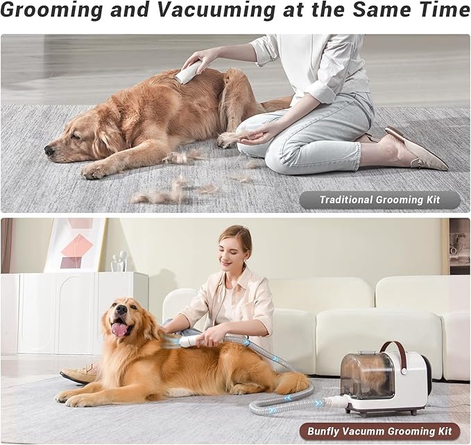 Bunfly Dog Grooming Kit & Dog Hair Vacuum, 3L Large Capacity Dust Cup,13,000KPa Powerful Suction, 99% Pet Hair Removal, 16 Grooming Tools for Dogs, Cats & More, Home Cleaning - Brown