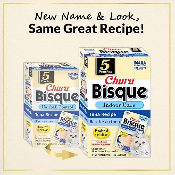 INABA Churu Bisque Indoor Care for Hairball Control for Cats, Creamy Lickable Purée Side Dish with Vitamin E, 1.05 Ounce Pouch, 15 Pouch, Tuna Recipe