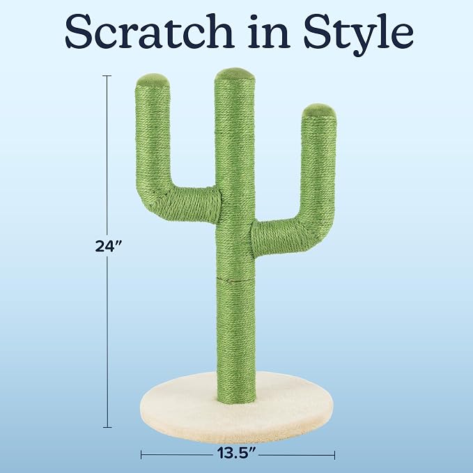 24” Tall Cat Scratching Post - Vertical Cactus Scratch Post for Indoor Cats - 360 Degree Jute Rope-Covered Kitten Scratcher with 3 Branches and Sturdy Base by PETMAKER (Green)