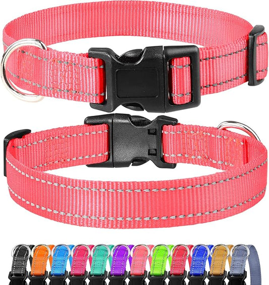FunTags Length 14" - 20" Reflective Babypink Dog Collar for Medium Dogs – Night Walking & Training Safety, Durable Quick Release Buckle, Nylon, Comfortable Adjustable, Width 1"