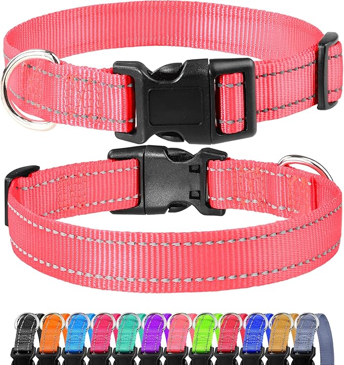 FunTags Length 8" - 12" Reflective Babypink Dog Collar for Extra Small Dogs – Night Walking & Training Safety, Durable Quick Release Buckle, Nylon, Comfortable Adjustable, Width 5/8"