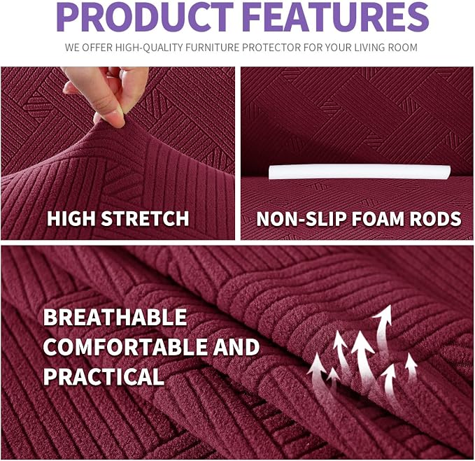 ZNSAYOTX Super Stretch Loveseat Covers (57"-70"), New Striped Love Seat Slipcover, Dogs Pet Friendly Anti-Slip Couch Protector Spandex Durable 2 Seater Fabric Sofa Cover (Wine Red, Loveseat)