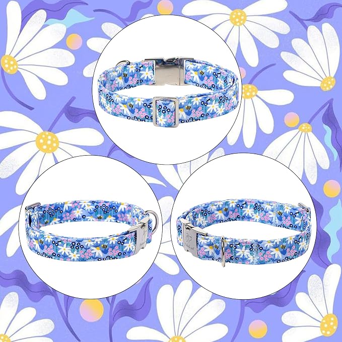 Floral Dog Collar, Cute Blue Wildflowers Dog Collars - Soft Adjustable Spring Summer Everyday Collars for Small Medium Large Dogs, Cottagecore Bloom Dogs Collar L