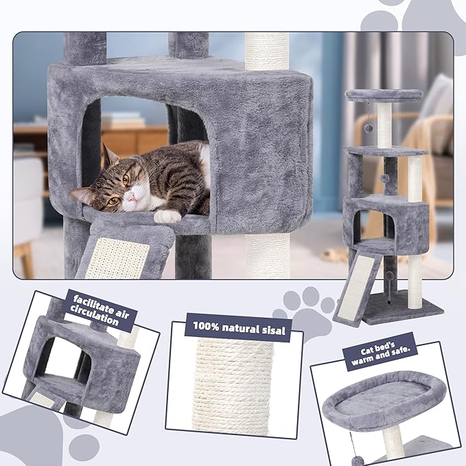 HUITREE 45in Cat Tree Tower with Big Condo for Indoor Kitten,Cat Tower with Scratching Post,Scratching Board and Cat Toys,Multi-Level,Small Space,Transformer Cat Tree, Grey(New)
