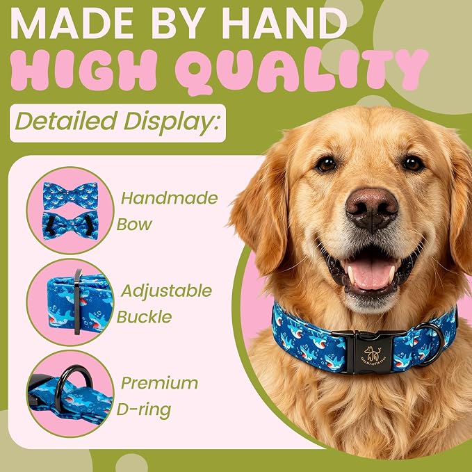Elegant little tail Dog Collar, Shark Print Pet Collar with Bow, Summer Male Puppy Collars Bowtie Soft Adjustable Dog Collar for Small Medium Large Dogs