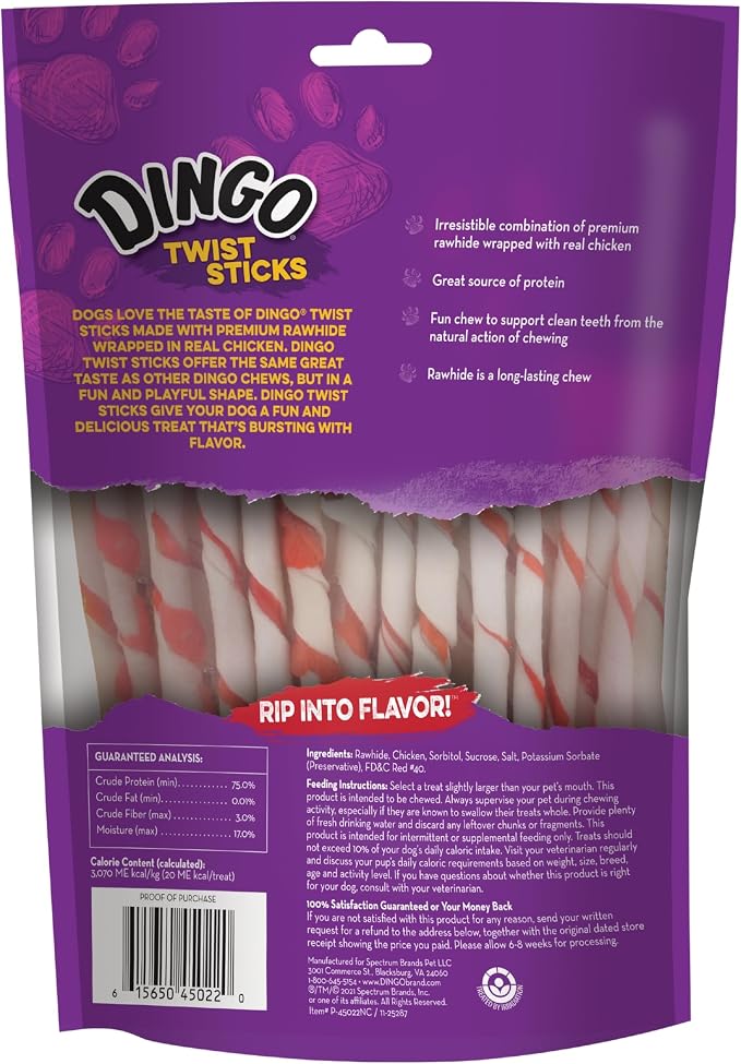 Dingo Twist Sticks Premium Rawhide Treats For Dogs Made with Real Chicken, 50 Count