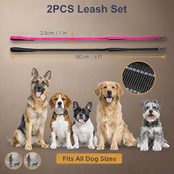 2 Pack Dual Handle Dog Leash, 6ft x 1in Heavy Duty Reflective Nylon Leash with Padded Grip, Traffic Handle, D-Ring, Tangle-Free Dog Lead for Small, Medium & Large Dogs, Safe Night Walks (Black+Rose)