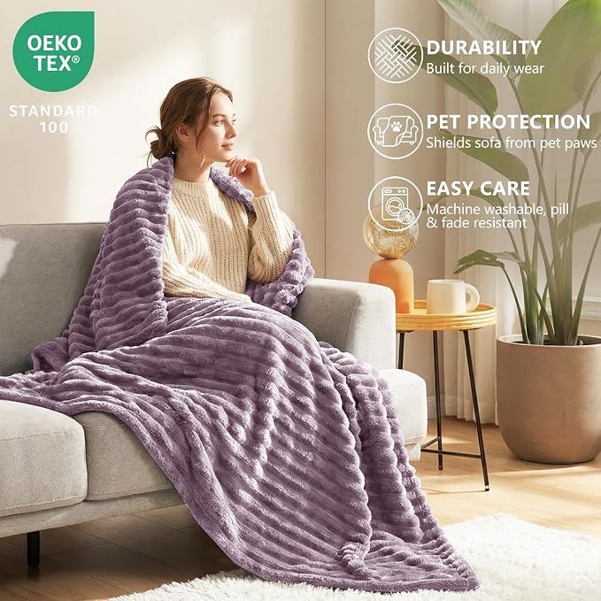 HIMEET Fleece Dusty Purple Full Size Blanket for Bed - 300GSM Ribbed Soft Cozy Bedding Blanket, New Home Birthday Gifts for Women Men Teens, College Dorm Essentials Bedroom Decor Throws, 84x90 Inches