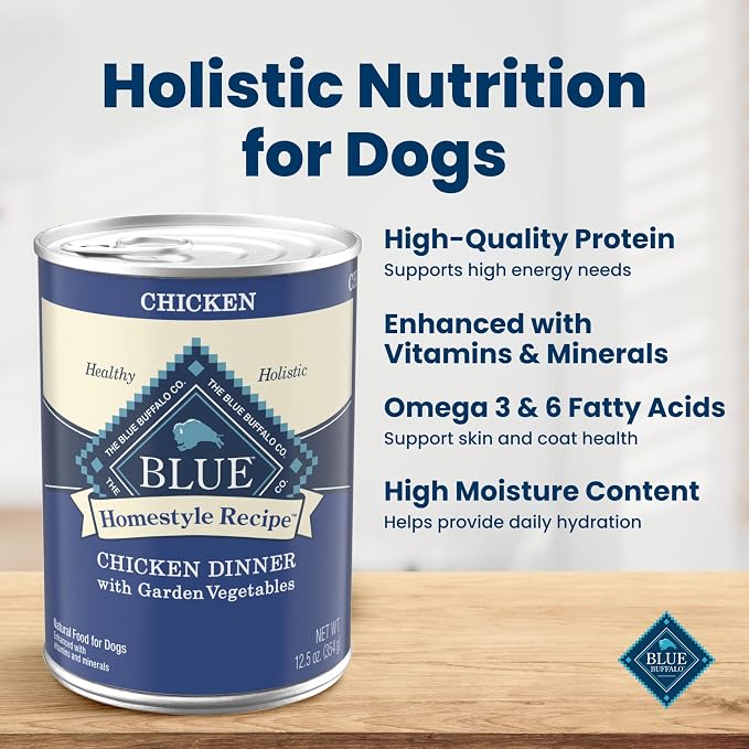 Blue Buffalo Homestyle Recipe Chicken Dinner with Garden Vegetables Natural Wet Dog Food for Adult Dogs, Paté with Natural Ingredients, Vitamins & Minerals, 12.5-oz. Can (3 Count)