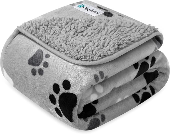 PETAMI Sherpa Fleece Waterproof CAT and Dog Blanket, PAW Gray, Queen