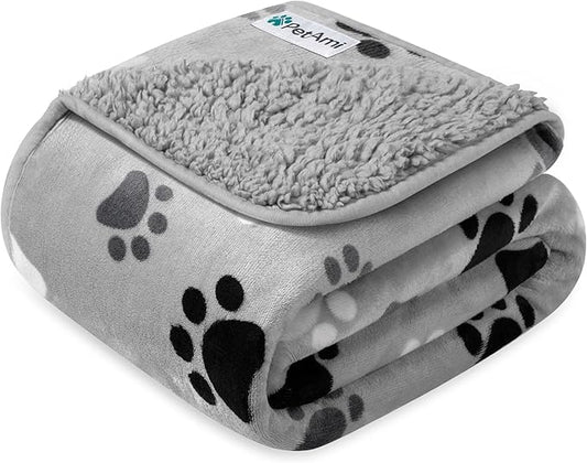 PETAMI Sherpa Fleece Waterproof CAT and Dog Blanket, PAW Gray, Small