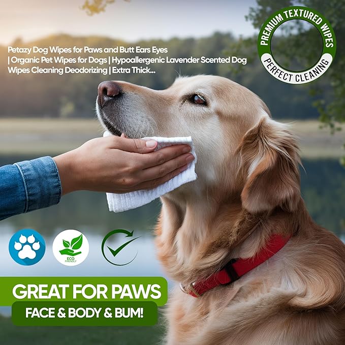 Petazy Pet Wipes for Dogs and Cats – 100 Count (8x8in) Hypoallergenic, Deodorizing Dog Wipes for Paws, Ears and Butt | XL with Aloe & Coconut oil, Lavender Scented | Travel Size, Single On-the-Go Pack