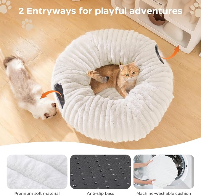 Avont Cat Tunnel Bed for Indoor Cats, Plush Fluffy Kitten Donut Tunnel 3 Shape to Play, Large Kitty Circle Tunnel Under Christmas Tree, Cat Play Toys Gift Ideas -White Short-Pile