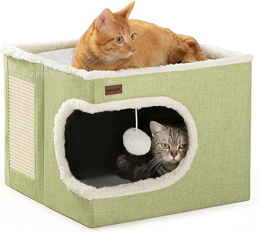 Garnpet Cat Bed for Indoor Cats Cube House, Covered Cat Cave Beds & Furniture with Scratch Pad and Hideaway Tent, Cute Modern Cat Condo for Multi Small Pet Large Kitten Kitty, Green