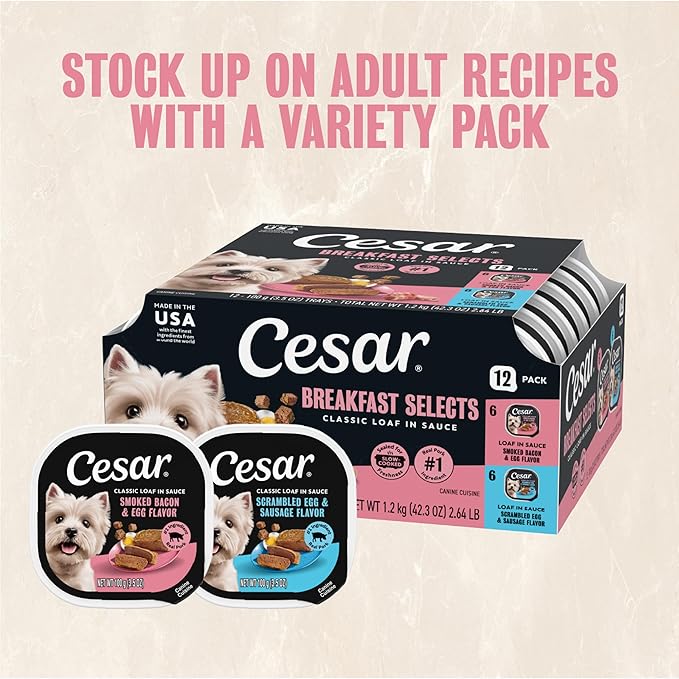 Cesar Classic Loaf in Sauce Wet Dog Food Breakfast Lovers, Smoked Bacon & Egg Flavor, and Scrambled Egg & Sausage Flavor, 3.5 oz. Easy Peel Trays, Wet Dog Food Variety Pack (12 Count, Pack of 2)
