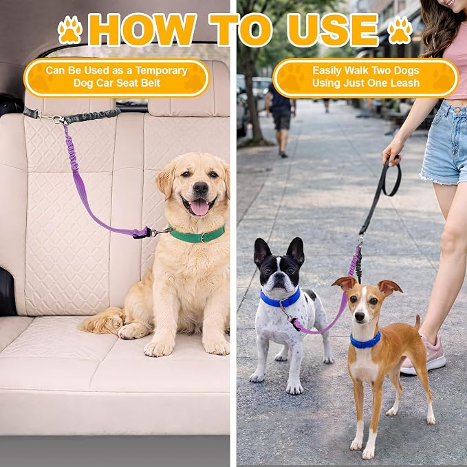 Double Dog Leash for Two Dogs, Professional No Tangle 360° Swivel Coupler with Shock Absorbing Bungee, Adjustable Length Dual-Sided Reflective Two Dogs Lead Splitter for Small Medium Large Dog