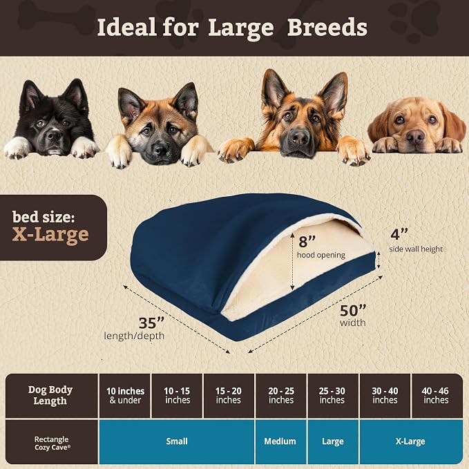 Snoozer Rectangle Cozy Cave Dog Bed - Indoor Dog Bed with Cover Cave, Covered Calming Burrow for Large Sized Pets with Blanket Attached, Enclosed, Washable Cover - XL, Sapphire