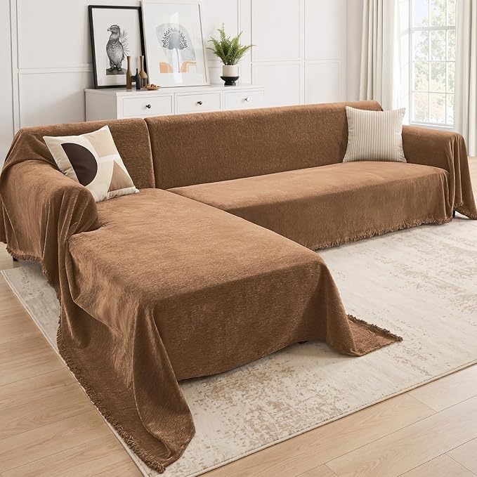 CAPALOCA Sectional Couch Covers, 2 Pieces Chenille Sofa Cover L Shaped Couch Cover Blanket for Dogs Washable Sofa Slipcovers Pet Furniture Protector (Large: 71" x 102" + 71" x 110", Brown)