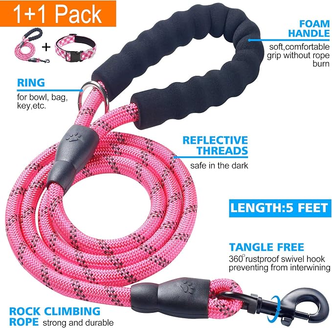 Ladoogo Reflective Dog Collar Padded with Soft Neoprene Breathable Adjustable Nylon Dog Collars for Small Medium Large Dogs (Medium (Pack of 1), Pink Plaid Collar+Leash)