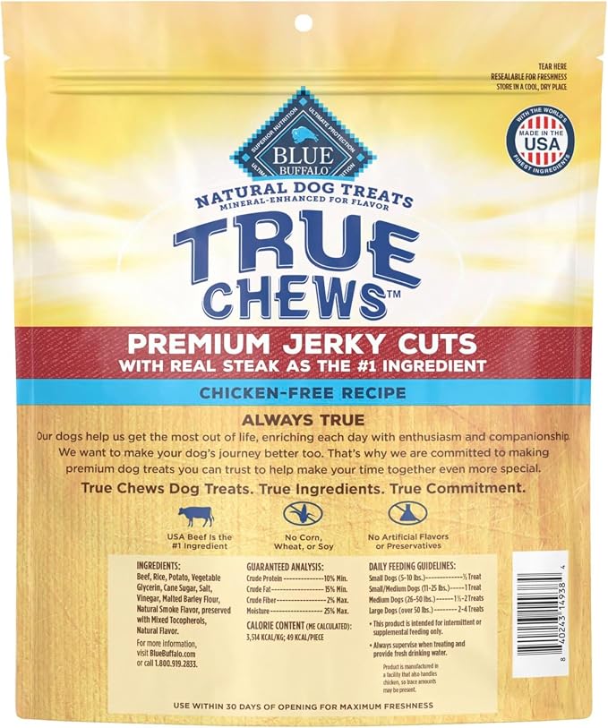 Blue Buffalo True Chews Beef Premium Jerky Cuts Natural Dog Treats, Chicken-Free Dog Snacks, Healthy Reward or Training Treat, Made in the USA with Real Steak & Natural Ingredients, 30 oz.