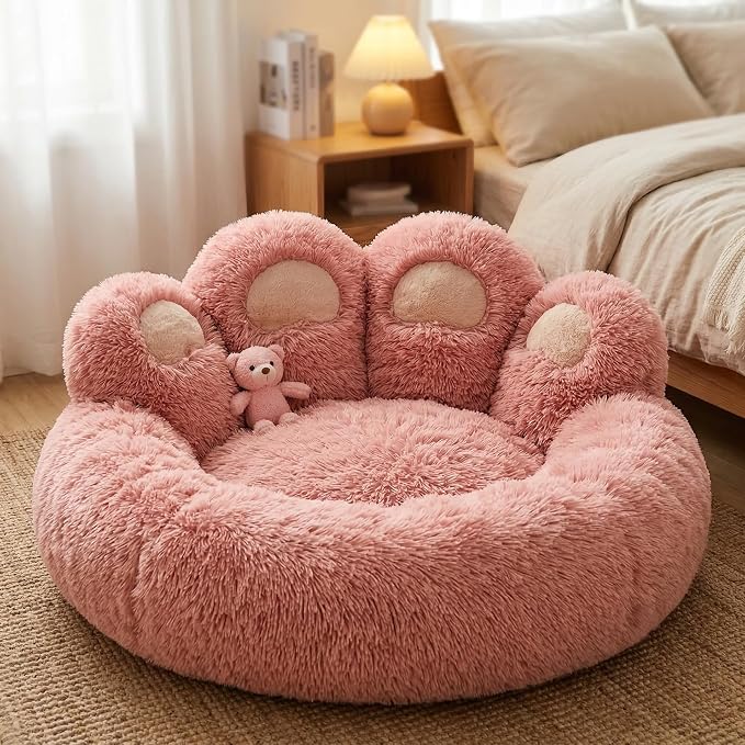 Cat Paw Shaped Cat Bed, Long Plush Calming Cat Bed for Indoor Cats, Washable Pet Bed with Anti-Slip Bottom, Soft Cozy Bed for Small Medium Large Cats & Dogs (Pink, Small)