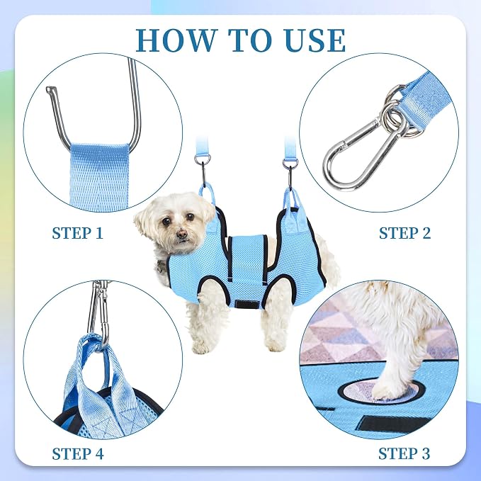 PatiencET Dog Grooming Hammock for Nail Trimming Pet Hammock for Small Dogs with Security Strap Cat Sling for Nail Clipping with Clippers Nail File and Pet Comb (Cerulean S)