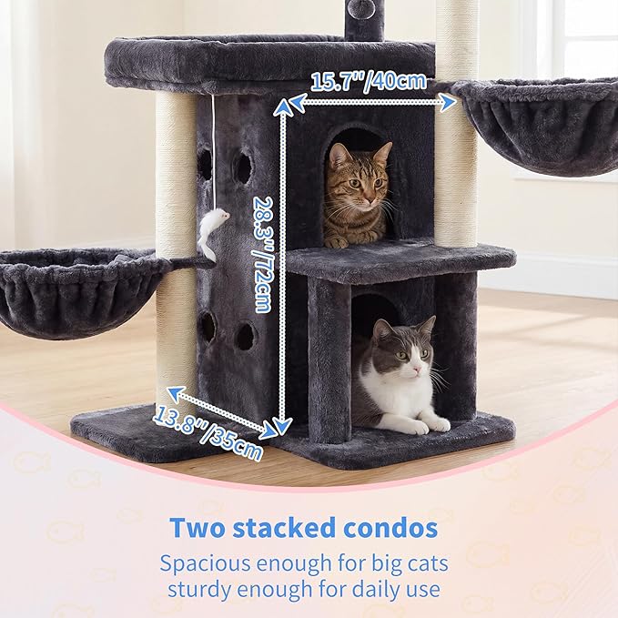 Heybly Cat Tree with Reinforced Big Base, 41.3-Inch Sturdy Cat Tower for Indoor Cats Featuring 2 Roomy Platforms, Double Cat Condo, 2 Cozy Baskets, Full Sisal Scratching Posts, Smoky Gray HCT075G
