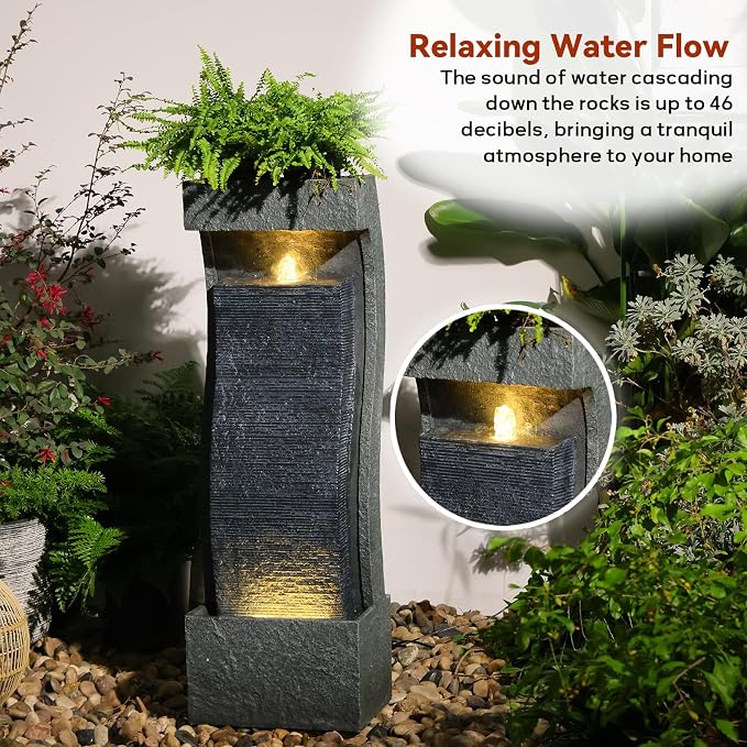Sunlinua 35H Modern Outdoor Water Fountain with Warm Light Garden Cascading Waterfall Feature for Indoor or Outdoor Cascading Waterfall for Relaxing Garden Patio Backyard Deck Porch or Home Décor