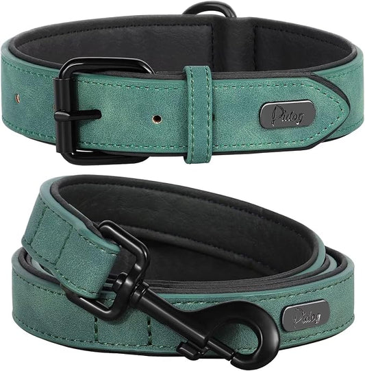 Didog Soft Padded Leather Dog Collar and Leash Set, Adjustable Dog Lead and Collar Set with Metal Buckle, Breathable Pet Collars with 4FT PU Leather Leash for Small Medium Dogs, Green, M