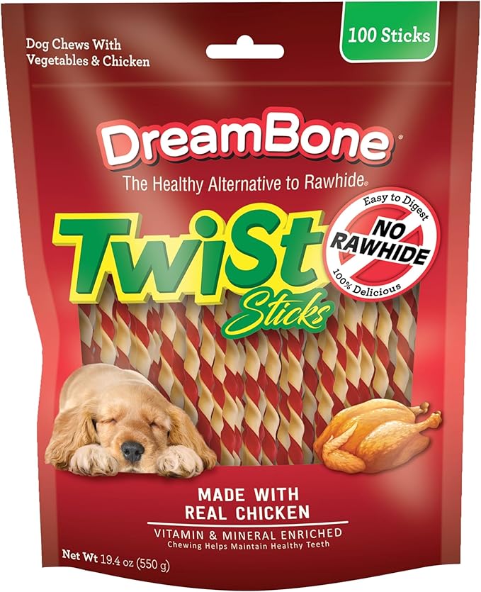 DreamBone Chicken Twist Stick Dog Treats, Daily Rawhide-Free Chew, Digests Safely and Completely, with Real Protein, Chicken and Veggies, 100 Count