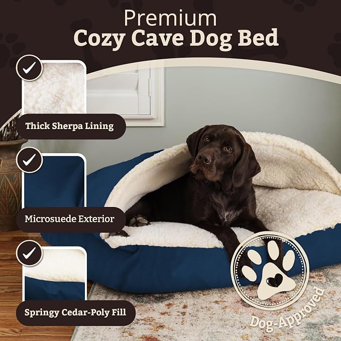 Snoozer Rectangle Cozy Cave Dog Bed - Indoor Dog Bed with Cover Cave, Covered Calming Burrow for Small Sized Pets with Blanket Attached, Enclosed, Washable Cover - Small, Saphire