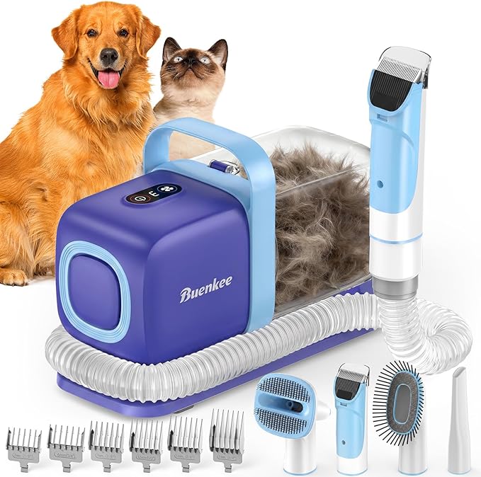 buenkee Dog Grooming Kit with Vacuum, 15000Pa Pet Hair Clipper and Shedding Brush, 50dB Low Noise, 2L Capacity, Blue