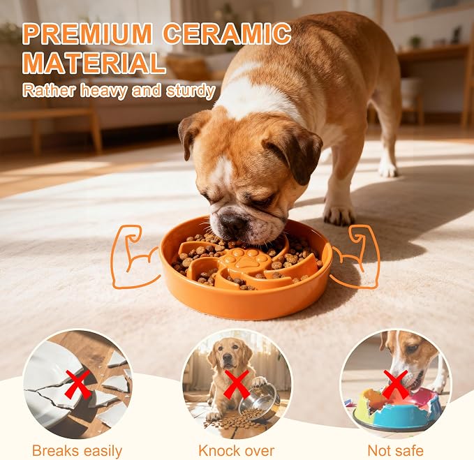 Ceramic Slow Feeder Dog Bowl, 3 Cup Dog Food or 25oz Water, Slow Eating Bowl for Middle Breed, Maze Puzzle Feeder for Fast Eaters, Anti-Choking Stop Bloat, Non-Slip BPA Free (Orange)