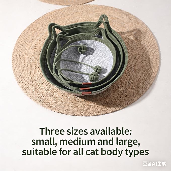 Instinct Basket for Cats & Cotton pad Stimuli Cat Bed with Toy Tail Cats Ear Design Breathable All Season Universal Scratch-Resistant (Dark Green, S)