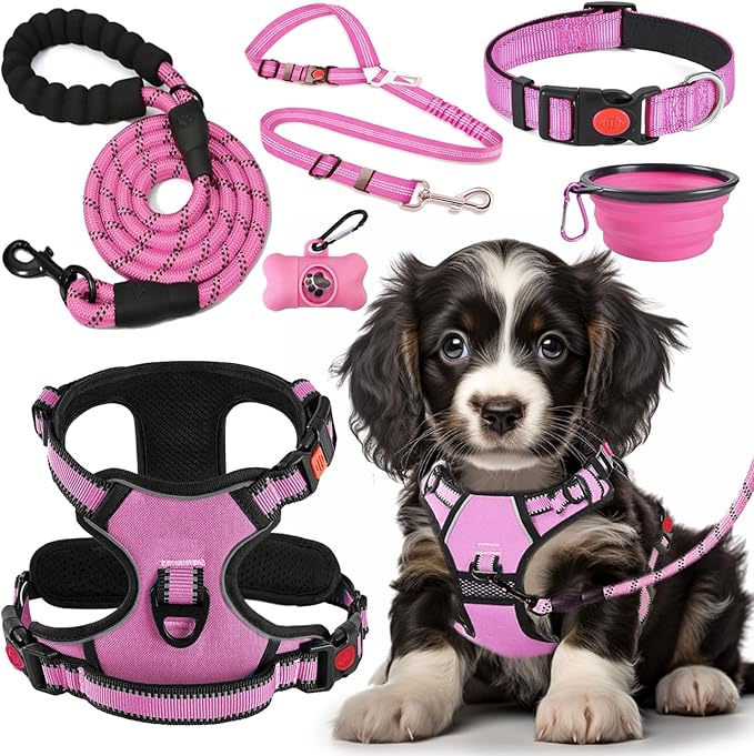 LOBEVE No Pull Dog Harness, Collar & Leash Set | Includes Dog Seat Belt, Collapsible Bowls & Poop Bag Dispenser. Ideal for Training, Walking, Hiking. Fits Small to Large Dogs(Pink-M)