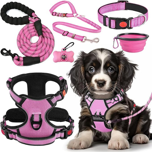 LOBEVE No Pull Dog Harness, Collar & Leash Set | Includes Dog Seat Belt, Collapsible Bowls & Poop Bag Dispenser. Ideal for Training, Walking, Hiking. Fits Small to Large Dogs(Pink-M)