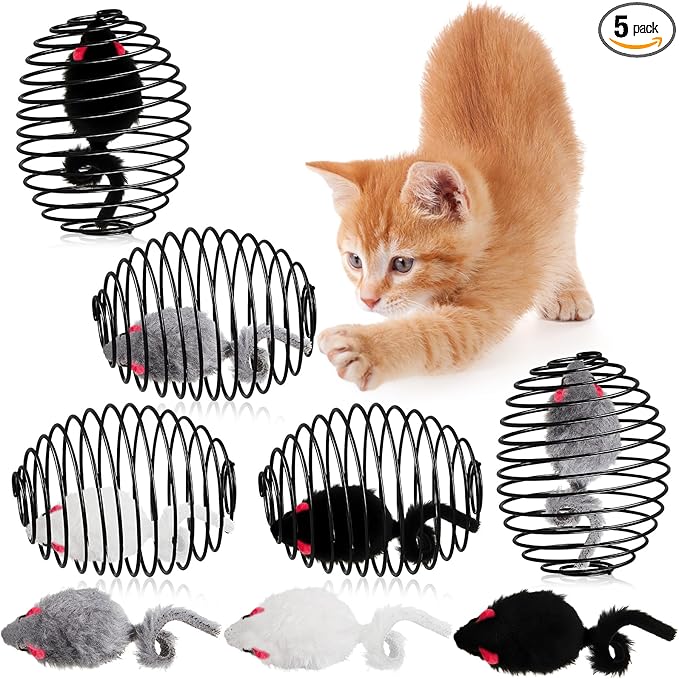Jecery 5 Pcs Cat Spring Balls Toys Stretchable Rolling Balls Colorful Playful Coils Interactive Action Toy Caged Rats for Kitten Pet Supplies (Mouse,Black)