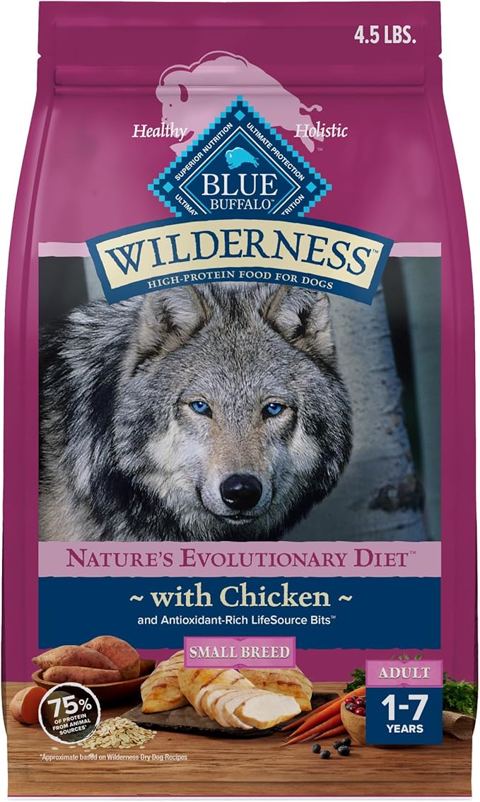Blue Buffalo Wilderness Chicken Small Breed Adult Dry Dog Food with Wholesome Grains + Antioxidant-Rich Fruits & Veggies, 36g Protein, Supports High Energy Needs, Natural Ingredients, 4.5 lbs.