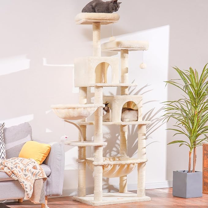 Heybly Cat Tree, 70 inches Tall Cat Tower condo with Toy for Indoor Large Cats, Cat House Furniture with Padded Plush Perch, Cozy Hammock and Sisal Scratching Posts,Beige HCT032M