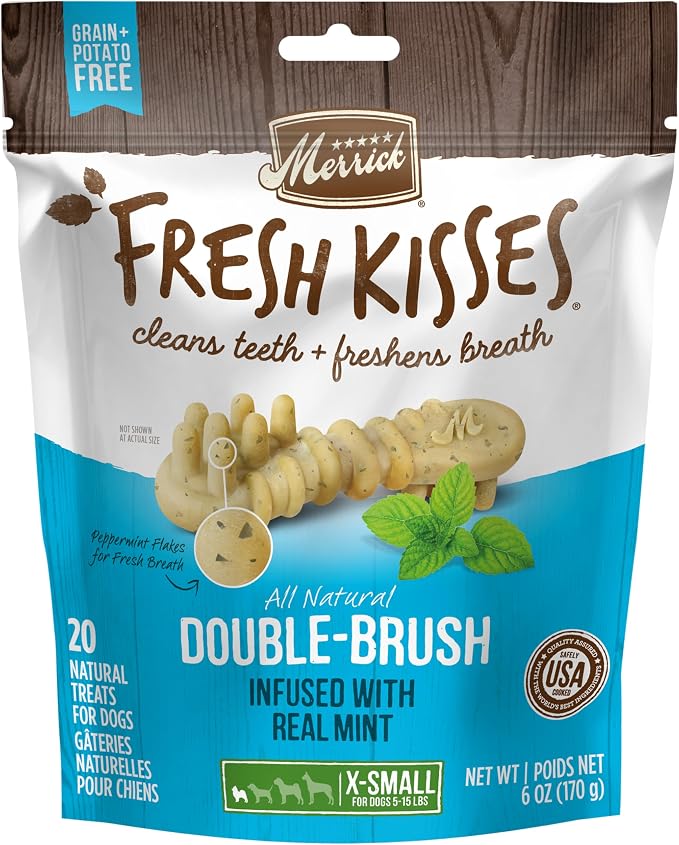 Merrick Fresh Kisses Natural Dental Chews Toothbrush Treat Shape Infused with Real Mint for Tiny Dogs 5-15 Lbs - 20 ct. Bag (Pack of 2)