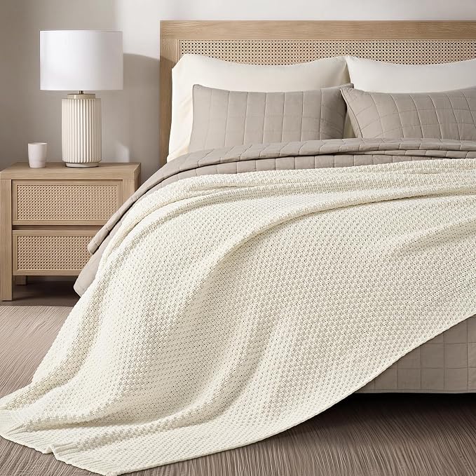 EVERGRACEHOME Chunky Polyester Knit Throw Blanket for Couch, Soft Luxurious Oversized King Moss Stitch Blanket for Bed, Large Cozy Farmhouse Knitted Throw for Sofa, Ivory White, 108" x 92"
