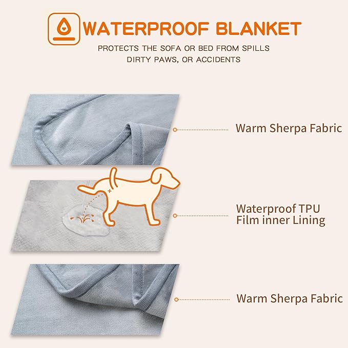 Waterproof Dog Blankets Pet Blanket 50"x60", Soft Fluffy Sofa Car Bed Protector, Reversible Leakproof Flannel Dog Blanket for Large Dogs(Light Grey)