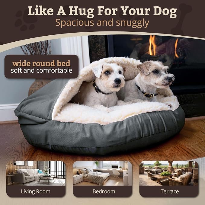Snoozer Cozy Cave Dog Bed - Indoor Dog Bed with Cover Cave, Covered Calming Burrow for Small Sized Pets with Blanket Attached, Enclosed, Removable Washable Cover - Small, Anthracite