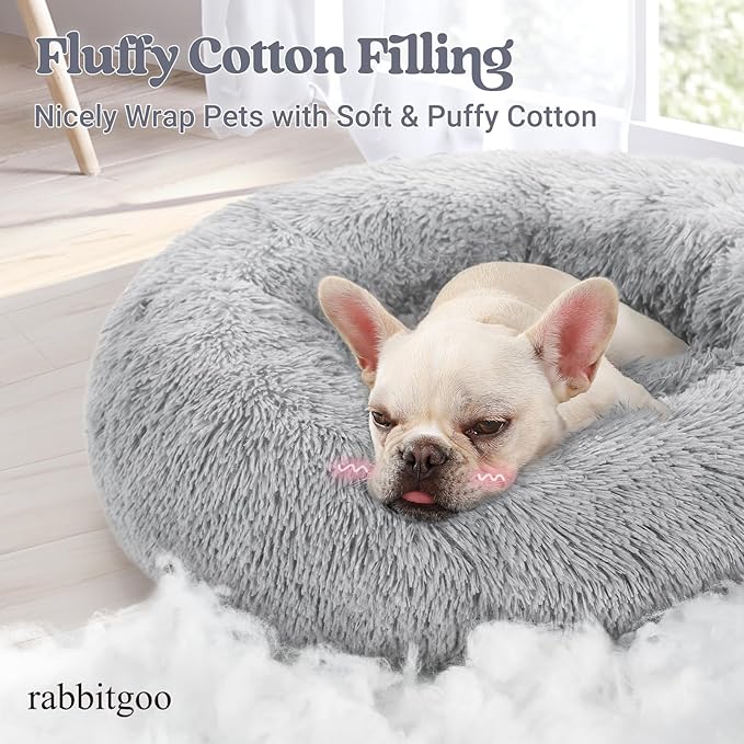 rabbitgoo Calming Dog Bed for Small Medium, 27 inches Pet Bed Machine Washable, Non-Slip Round Fluffy Plush Faux Fur, Soft Donut Cuddler Cushion for Small Dogs, Light Grey