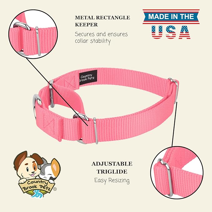 Country Brook Petz - Martingale Dog Collar - Heavy-Duty Training Collar with No Buckle - Service Dog Collar for All Pups - 20 Vibrant Colors (Pink, 1 Inch, Medium)
