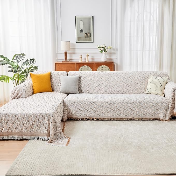 HOMERILLA Sectional Couch Covers for Sectional Sofa L Shaped Sofa Cover Blanket 2 Pieces L Shape Furniture Protector for Pets Dogs(Khaki White, X-Large)