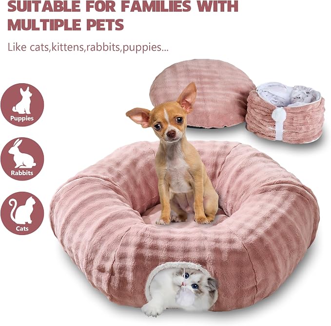 Bubble Cat Tunnel for Indoor Cats, Round Peekaboo Cave Toy with Dangling Balls, Donut Tunnel Bed with Circle Mat for Puppy Kitten Rabbit, Dusty Pink