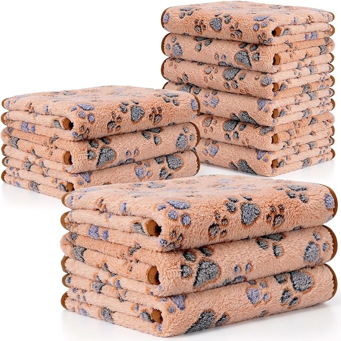 Tegeme 12 Pcs Pet Blankets 41 x 30 Inch Soft Fluffy Fleece Dog Cat Warm Paw Print Pattern Blankets Flannel Throw for Pets Dog Puppy Cat(Camel,Gray)