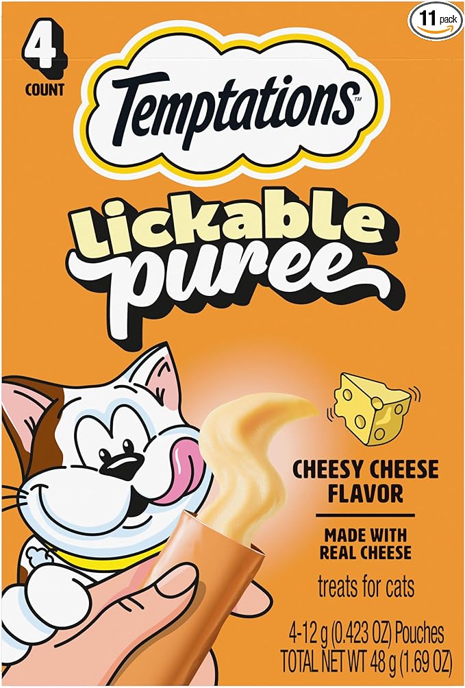 Temptations Creamy Puree Squeezable Lickable Cat Treats, Wet Cat Treats with Cheese, 0.42 oz. Tubes, 4 Count, Pack of 11 (44 Total)