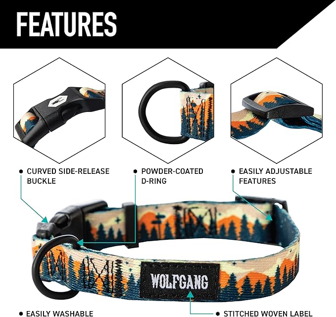 Wolfgang Heavy Duty, Adjustable Dog Collar with Quick Release Nylon Buckle for Walking & Training, Overland Print, Medium